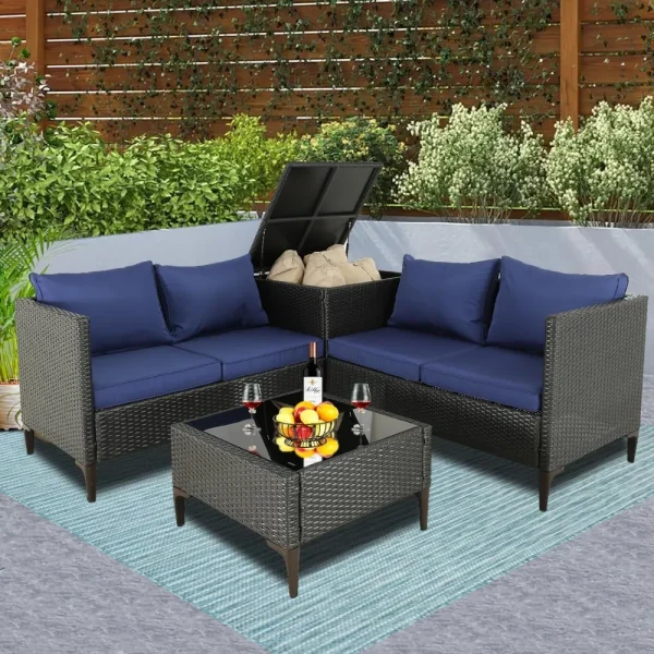 Outdoor Terrace Combination Furniture Set with Storage Box and Glass Desktop Table