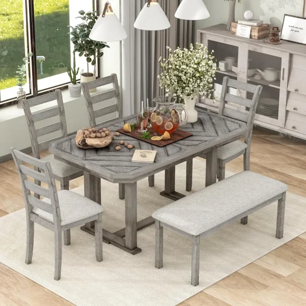 6-Piece Rubber Wood Dining Table Set with 4 Cushioned Chairs and Bench