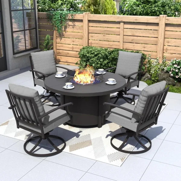 5 Piece Metal Outdoor Patio Furniture Set with Round Fire Pit Table