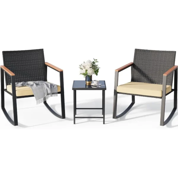 3 Pieces Rocking Patio Bistro Set with Anti-Scald Armrest